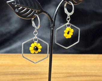 Sunflower Honeycomb Beaded Earrings, Gold/Silver, Handmade Earrings