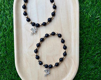 Handmade Dragon Charm Bracelet: Onyx & Gold Glass Beads