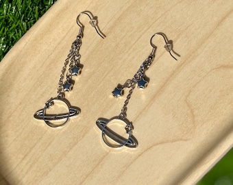 Saturn Planet Dangle Earrings: Silver Wire Space Jewelry