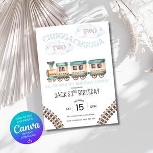 Chugga Chugga Two Two Birthday Invitation, Train birthday, Second Birthday, Boy 2nd birthday, Choo Choo Train, Digital Invitation