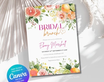 Citrus Bridal Brunch Invitation Template, Orange Bridal Shower, Bright Floral Citrus Bridal Shower Invitation, Pink Orange Citrus