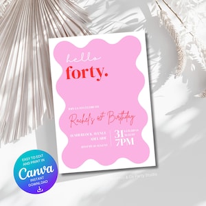 Wavy 40th Birthday Invitation, Forty Pink and Red, Wavey 90s Theme Party Printable, Birthday Invitation, Hello Forty Invitation