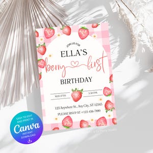 Berry First Birthday Invitation Template, Strawberry 1st Birthday Invite, Girls 1st Birthday Invitation, Printable Invite