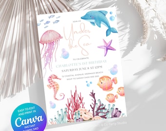Invitación de cumpleaños imprimible bajo el mar, plantilla editable bajo el mar, invitación de primer cumpleaños, invitación de animales marinos para niñas bajo el mar