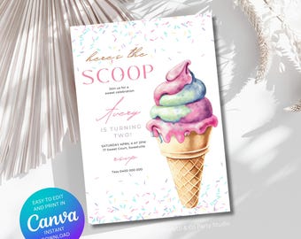 Editable Ice Cream Birthday Invitation, Ice Cream Party, Here's the Scoop, Girl Birthday Printable, Editable Download