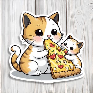 May include: A sticker featuring two cartoon cats enjoying a slice of pizza. The larger cat is orange and white, while the smaller one is mostly white with orange markings. The pizza has heart-shaped pepperoni and mushroom toppings.
