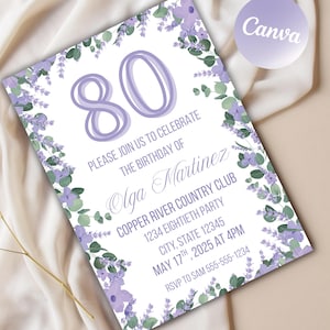 80th Birthday Invitation: Purple Floral Party, Woman&#39;s Invite (Digital, Printable 5x7)