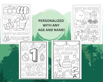 Personalized Happy Camper Birthday Coloring Pages (Set of 4) (Print at Home)