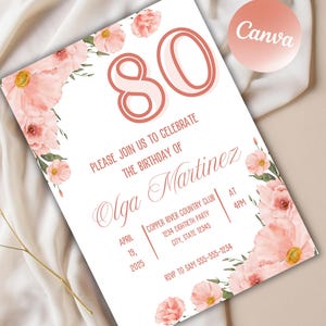 Convite editável para 80º aniversário, convite para mulher, convite para qualquer idade, festa floral de 80 anos, 80 e fabuloso, convite digital, para impressão 5x7