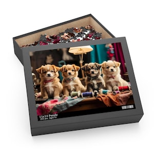 Charming Puppies Sewing Jigsaw Puzzle Cozy Vintage Quilt Design with Cute Sewing-Themed Dogs Available in 120, 252, and 500 Pieces