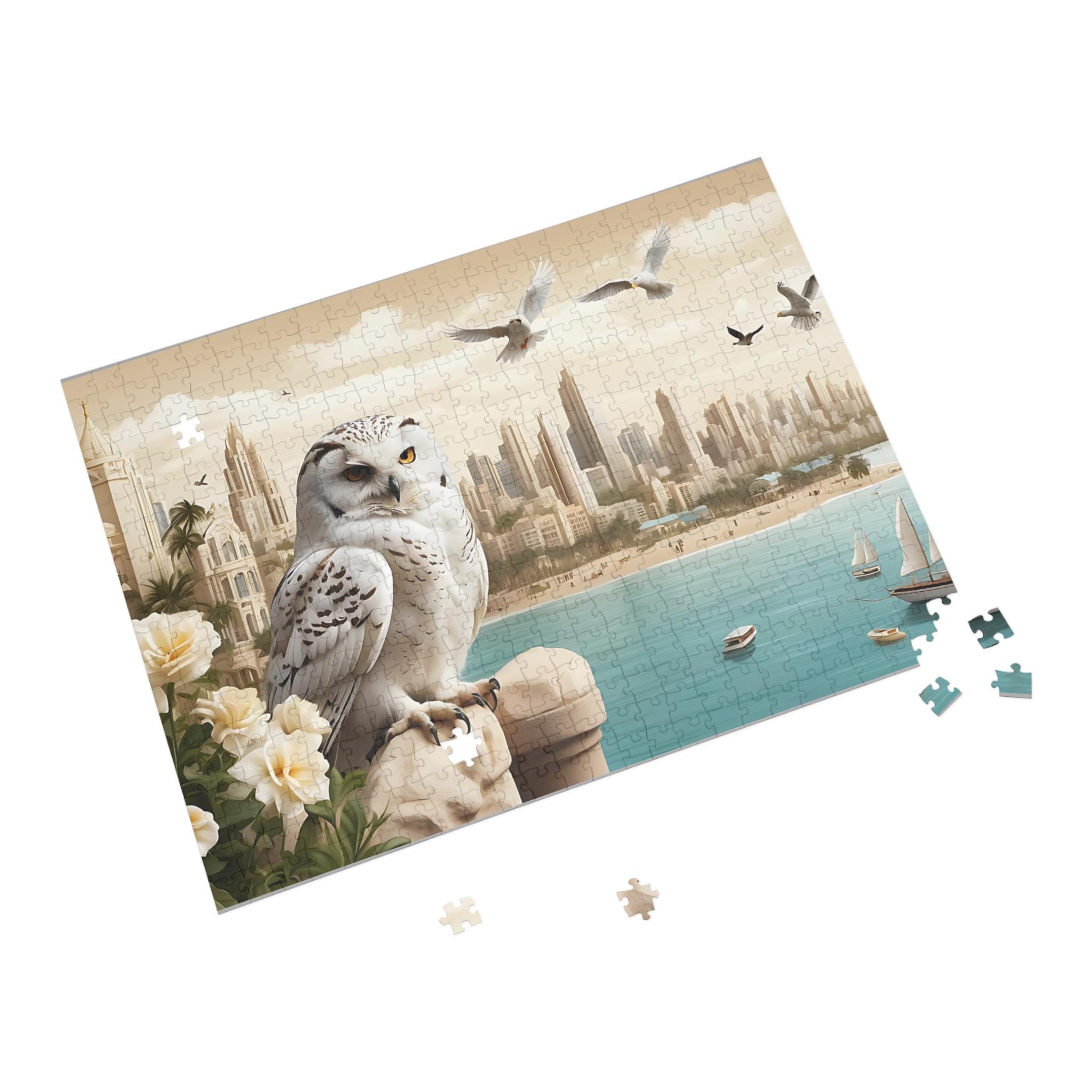 White Owl Golden City Jigsaw Puzzle Elegant Wildlife & Luxurious Skyline 96, 252, 500, 1000 Piec