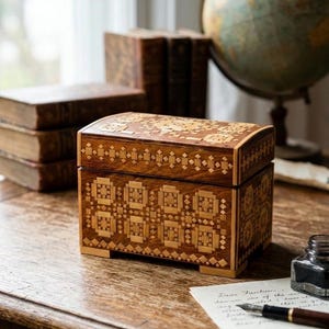 1900s Vintage Handmade Straw Inlay Belarusian / Soviet Era Arts & Crafts trinket box Sunduk