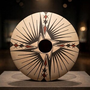 May include: A circular ceramic vessel with a central opening, featuring a cream-coloured base decorated with black radiating lines and geometric patterns in black and red. The design includes sharp, angular shapes and diamond motifs arranged symmetrically.