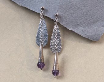 Silver & Purple Earrings, Hammered Silver Earrings, Purple Teardrop Earrings, Hammered Silver Teardrops, Front Back Studs, Handmade Earrings