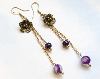 Gold Dangle Earrings, Purple Flower Earrings, Purple Dangle Earrings, Gold Flower Earrings, Long Dangle Earrings, Handmade Earrings