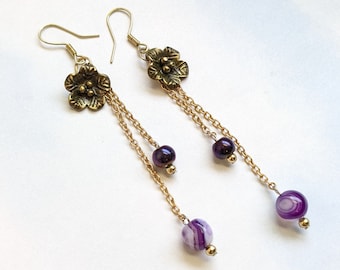 Gold Flower Dangle Earrings with Purple Glass Beads