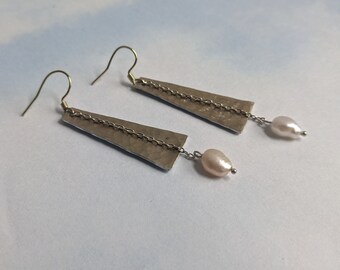 Handmade Hammered Brass Earrings, Freshwater Pearl, Geometric Drop