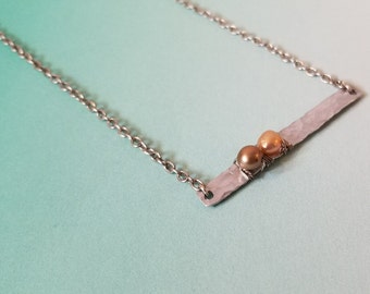 Hammered SIlver Metal Bar Necklace with Freshwater Pearls