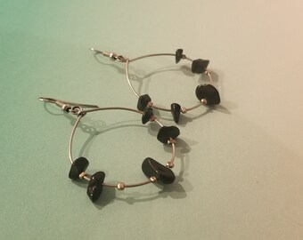 Black Stone Earrings, Black Hoop Earrings, Stone Hoop Earrings, Black Beaded Earrings, Wire Hoop Earrings, Handmade Earrings, Gifts for Her