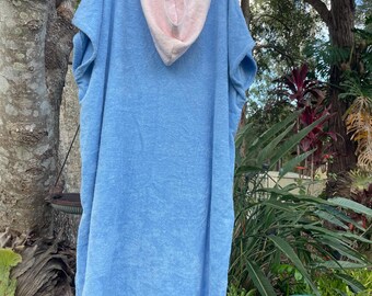 Blue with light pink hood - Handmade Hooded Beach towel - Adult Surf Poncho - Changing Robe