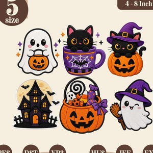 Puede incluir: Seis diseños de bordado con temática de Halloween que incluyen un fantasma blanco con un cubo de calabaza, un gato negro en una taza morada, un gato negro en una calabaza, una casa encantada, una cesta de dulces de calabaza y un fantasma con sombrero de bruja y escoba.