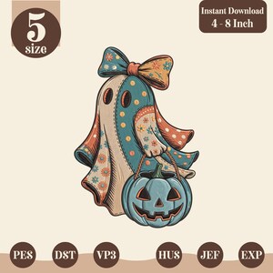 Broderidesign med lapptäcke och spöken, broderifil med blå pumpa och spöken, kokett Halloween vintagemönster, 5 storlekar, direkt nedladdning