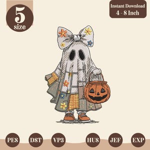 パッチワークゴーストガール刺繍デザイン、かわいいゴースト刺繍ファイル、コケットハロウィンパンプキンパターン、5サイズ、即時ダウンロード