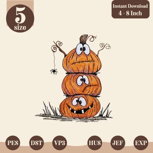 Gestapelte Kürbisse – Stickdatei mit lustigem Jack-o'-Lantern-Motiv, skurril-gruseliges Halloween-Motiv, 5 Größen, Sofort-Download