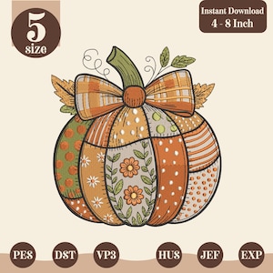 May include: An embroidery design of a pumpkin featuring patchwork sections with orange, green, and white patterns including polka dots, stripes, and floral motifs. A plaid bow sits atop the pumpkin. Text reads 5 size and Instant Download 4 - 8 Inch.