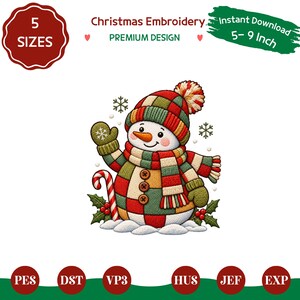May include: A digital embroidery design of a snowman wearing a red, green, and white checkered hat and scarf. The snowman has an orange carrot nose, three brown buttons, and green mittens. It is surrounded by snowflakes, holly, and a candy cane.