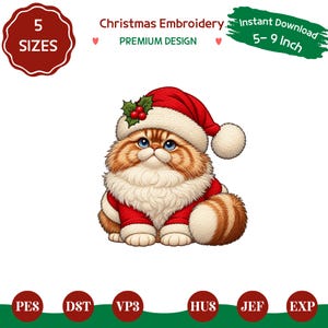 May include: A digital embroidery design featuring a fluffy orange tabby cat wearing a red Santa hat with white trim and holly berries, and a red sweater. Text includes 5 SIZES, Christmas Embroidery, PREMIUM DESIGN, and 5-9 Inch.