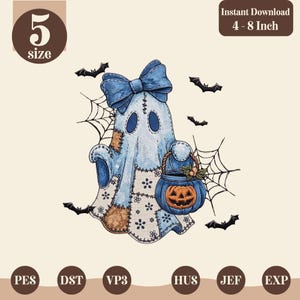 May include: A digital embroidery design featuring a light blue ghost with a large blue bow, wearing a patchwork-style sheet with floral and brown patterns. The ghost holds an orange pumpkin bucket, surrounded by black spiderwebs and bats.