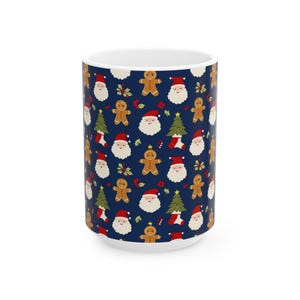 Tazza in ceramica festiva / Design Babbo Natale e pan di zenzero / Regalo per le feste, Decorazione natalizia, Tazza di cioccolata calda, Celebrazione invernale, Regalo di Natale