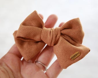 Suede Baby Girl Hair Bow, Brown Toddler Ribbon Hair Clip