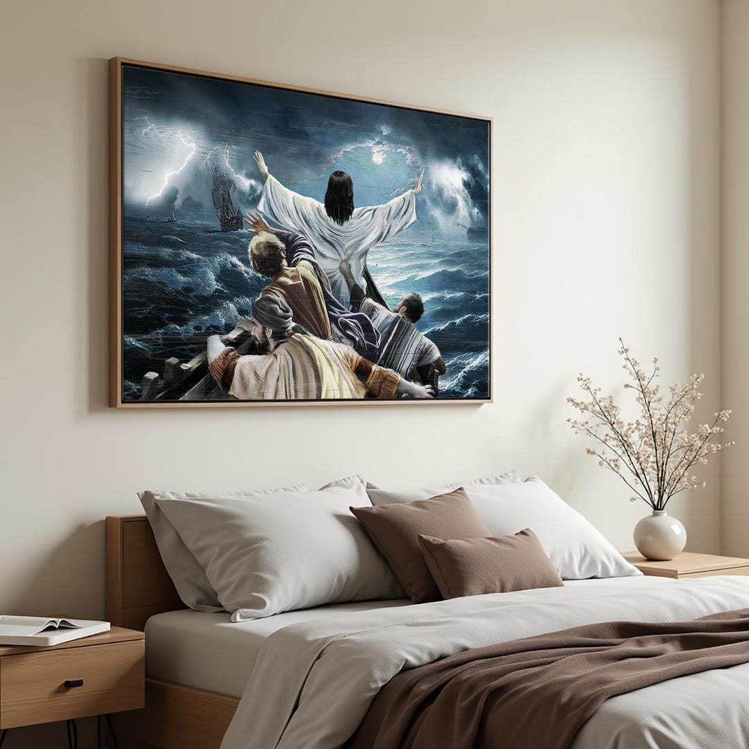 Calming Faith Calming Storm Religious Wall Art, Disciples in Boat Ocean Scene, Jesus ...