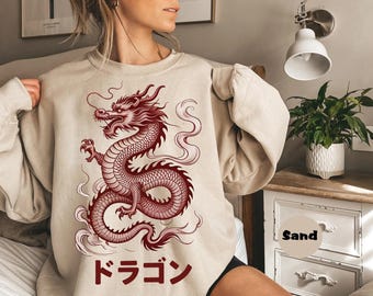 Japanese Dragon Sweatshirt: Red Ryu, Retro Kanji Graphic Tee