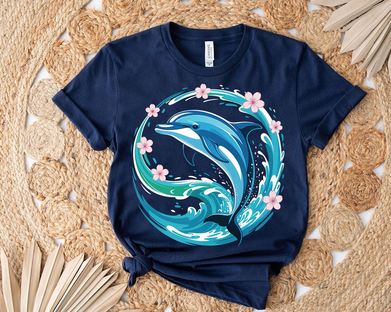 Dolphin T-shirt: Ocean Wave, Floral Marine Life Graphic Tee - Etsy