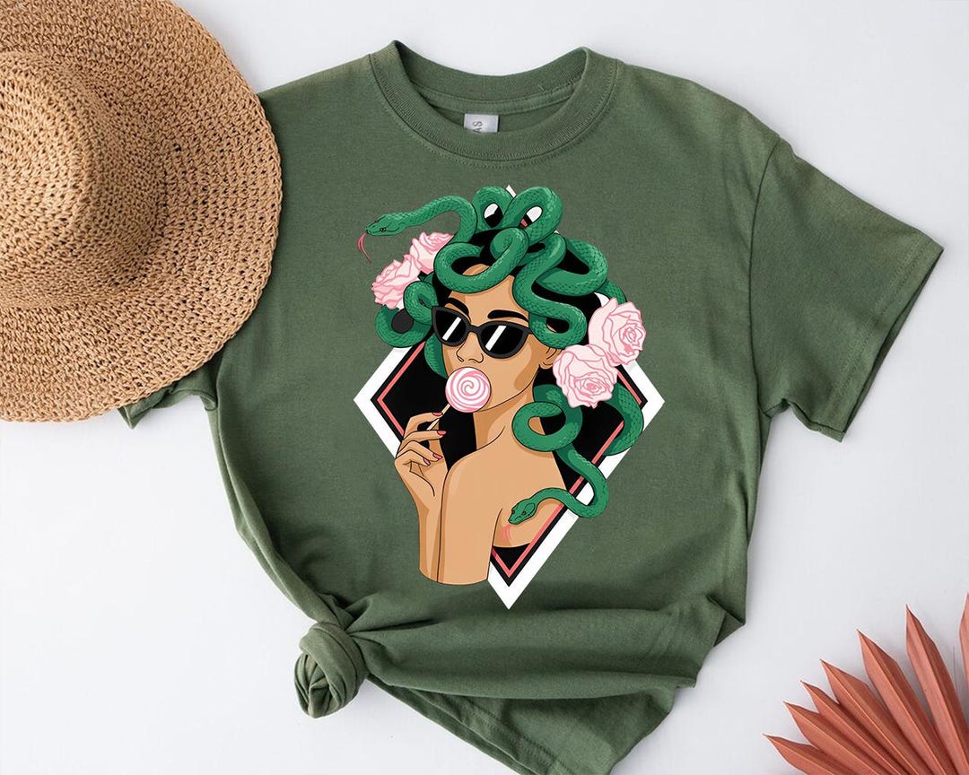 Medusa Graphic Tee: Snakes, Roses & Lollipop - Mythology Art Shirt