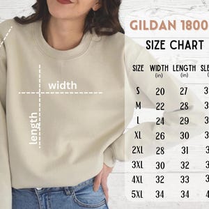 The image is a size chart for a GILDA 1800 sweatshirt. It shows the measurements for different sizes, including a 20-inch width, 27-inch length, 33-inch sleeve length, and 40-inch sleeve length.