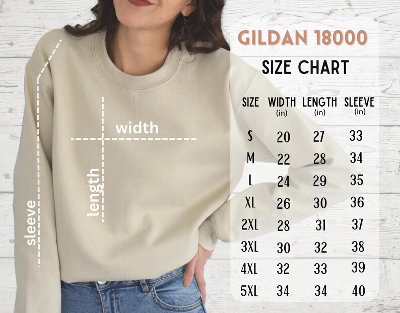 The image is a size chart for a GILDA 1800 sweatshirt. It shows the measurements for different sizes, including a 20-inch width, 27-inch length, 33-inch sleeve length, and 40-inch sleeve length.