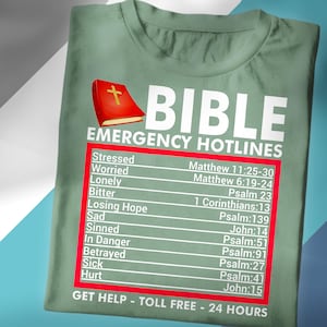 Bible Emergency Hotlines Shirt – Christian Scripture Reference Tee – Inspirational Faith-Based T-Shirt – Spiritual Shirt – Religious Gift