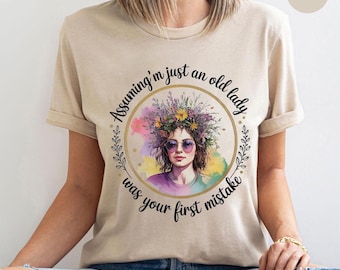 Floral Hippie Woman T-Shirt: Sassy Old Lady Graphic Tee