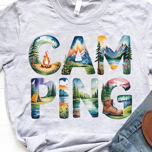 Camping Shirt – Scenic CAMPING Letter Tee – Nature Lover Shirt – Hiker Camper Gift – Tent Campfire Boot Mountain Graphic Adventure Top