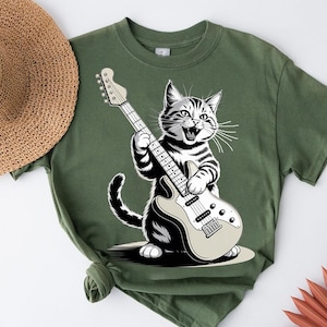 Rockstar Cat Guitar Shirt – Funny Cat Playing Electric Guitar Tee – Music Lover Gift – Cute Musician Kitty Graphic T-Shirt for Cat Fans