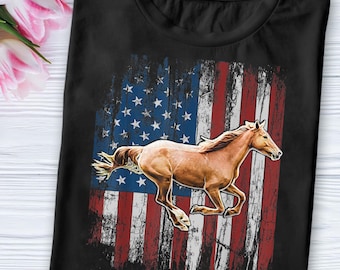 Patriotic Horse Shirt - American Flag Western Tee - USA Country Cowgirl T-Shirt - 4th of July Rodeo Shirt - Freedom Ranch Shirt