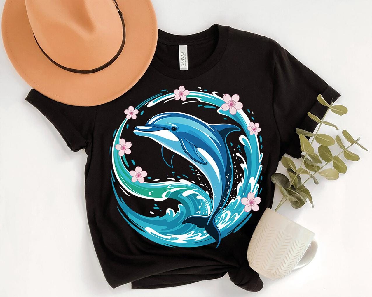 Dolphin T-shirt: Ocean Wave, Floral Marine Life Graphic Tee - Etsy