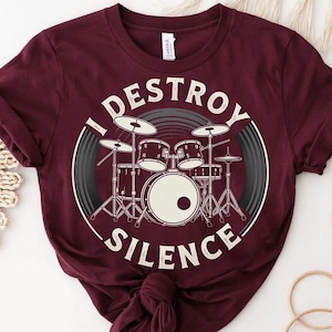 I Destroy Silence Drum Shirt – Vintage Drum Kit Graphic Tee – Funny Drummer Gift – Loud Musician T-Shirt – Percussion Rock Band Top