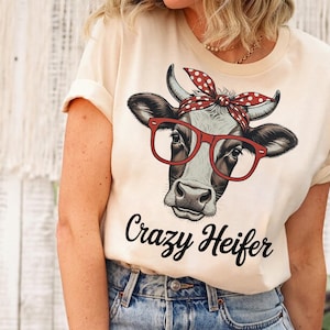Crazy Heifer Cow T-Shirt – Funny Cow Graphic Tee – Retro Cow with Glasses Design – Sassy Farm Animal Shirt  – Animal Lover Gift