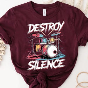 Destroy Silence Drum Shirt - Lustiges Schlagzeuger-Grafik-T-Shirt - Rock Band Musiker Geschenk - Lautes Schlagzeug-Set Shirt - Percussion-Liebhaber-T-Shirt