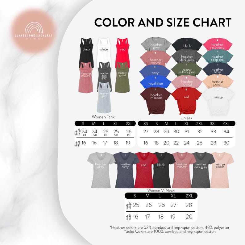 a women's t - shirt size chart with different colors and sizes